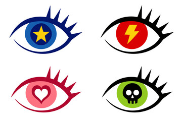 Obraz premium Stylized eye icon set with bright irises containing star, lightning bolt, heart and skull symbols. Concept of fame, passion, danger and intense emotions.