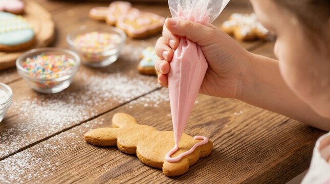Child decorating bunny shaped cookie with pink icing. Easter baking activity on wooden table. Close up of hand piping frosting on gingerbread biscuit