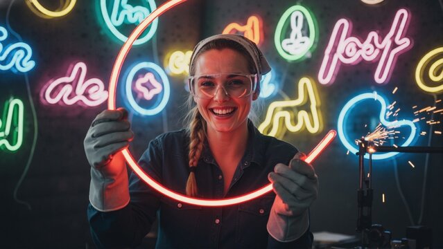 Smiling female artisan holding circular glowing red neon tube. Woman glass blower in workshop with colorful neon signs. Creative craft and neon sign making process