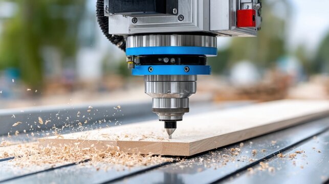 high tech CNC wood router machine carving a complex pattern, flying sawdust and wood chips, close up action shot, laser guide light, carpentry industry