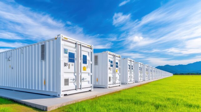 Industrial battery energy storage system (BESS), rows of large white container units in a field, grid stabilization technology, modern infrastructure