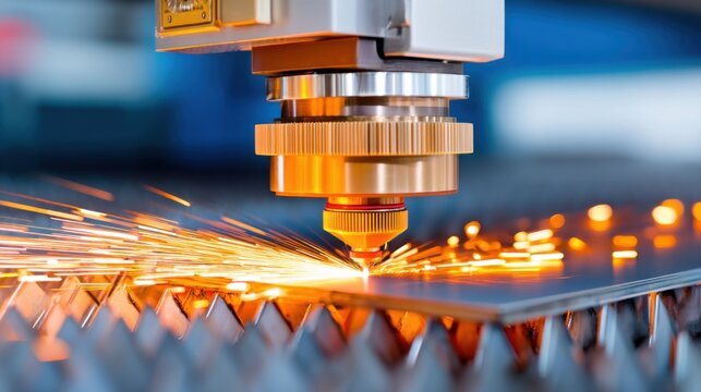 Industrial laser cutter machine working on a steel sheet, intense laser beam, glowing edge, smoke, sparks, blue and orange color palette, technology focus
