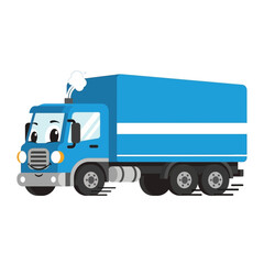 Cute Blue Delivery Truck Character with Smiling Face Driving Fast
