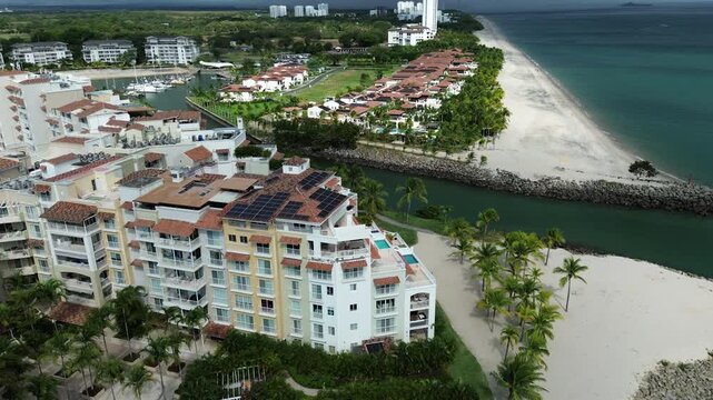 Rio Hato aerial view of beach and resort condos area in Panama near the ocean