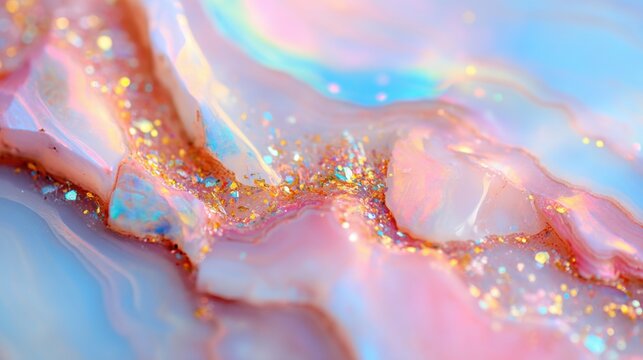Macro opal stone texture. Iridescent holographic surface shimmering with pink, blue, and yellow sparks. Magic mineral background.
