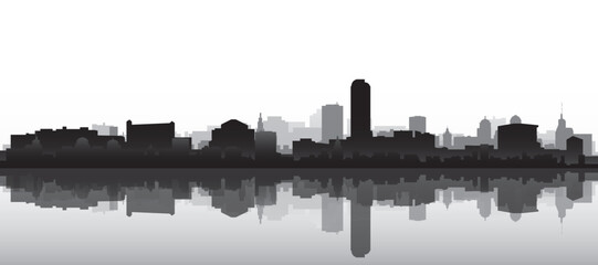 Black and white panoramic poster of the city skyline with misty background buildings and water reflection of DENVER, UNITED STATES