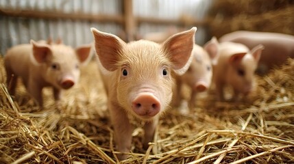 Small piglet looking straight ahead with big ears, standing among straw with other young pigs in the background inside a farming barn, representing agriculture and rural life