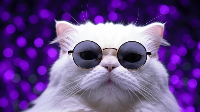 glamorous fluffy white persian cat in dark sunglasses, subtly twitching ears, gazing coolly with dramatic neon light on blurred purple and white bokeh background, high-fashion pet photography concept