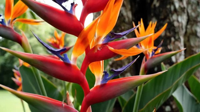 Vibrant Bird of Paradise and Heliconia flowers in tropical garden