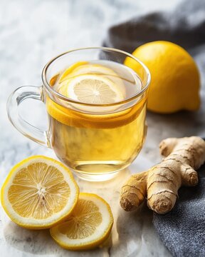 Refreshing Lemon Ginger Tea with Slices and Ginger Root