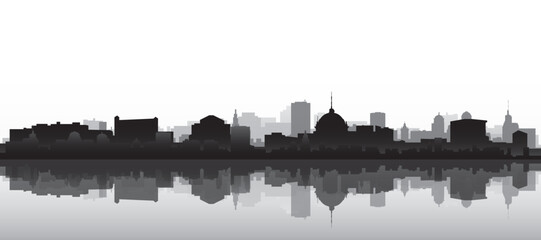 Black and white panoramic poster of the city skyline with misty background buildings and water reflection of VALENCIA, SPAIN