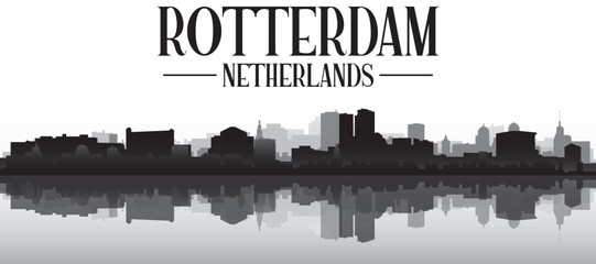Obraz premium Black and white panoramic poster of the city skyline with misty background buildings and water reflection of ROTTERDAM, NETHERLANDS