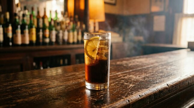 Fernet con cola on wooden bar counter with lemon slice and ice cubes in warm light