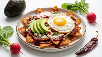 Chilaquiles rojos topped with fried egg avocado slices and crumbly queso fresco