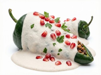 Chile en Nogada plated with creamy walnut sauce pomegranate seeds and parsley
