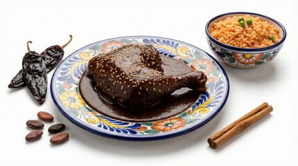 Mole Poblano chicken leg glazed in rich dark chocolate sauce with Mexican rice
