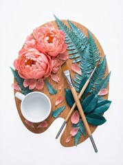 Artistic palette with pink peonies, fern leaves, and paintbrushes