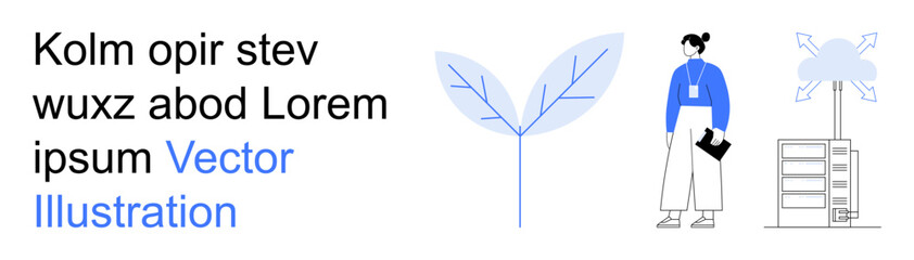 Sustainability, innovation, cloud technology, renewable energy, data management, environmental growth. A person stands near a data center with a leaf and arrows growth. Sustainability and innovation © robu_s