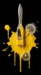 Bright yellow paint splatter with a paintbrush and dandelion seeds