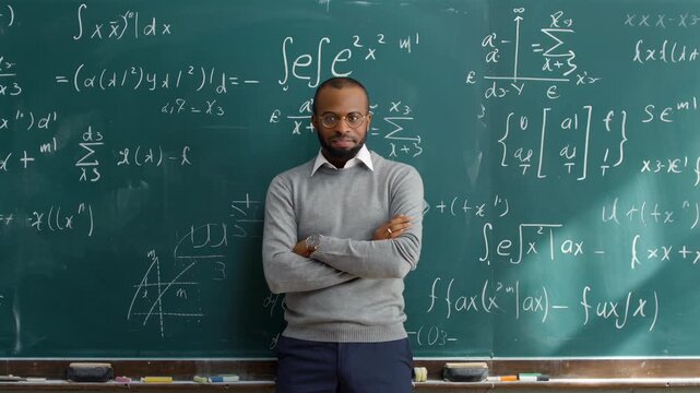A frontal video shot of a confident teacher in front of a chalkboard filled with equations.