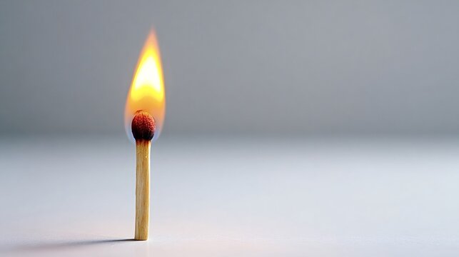 Burning wooden matchstick illuminating the scene with a bright, warm flame, symbolizing light, heat, energy, and inspiration with ample copy space for text