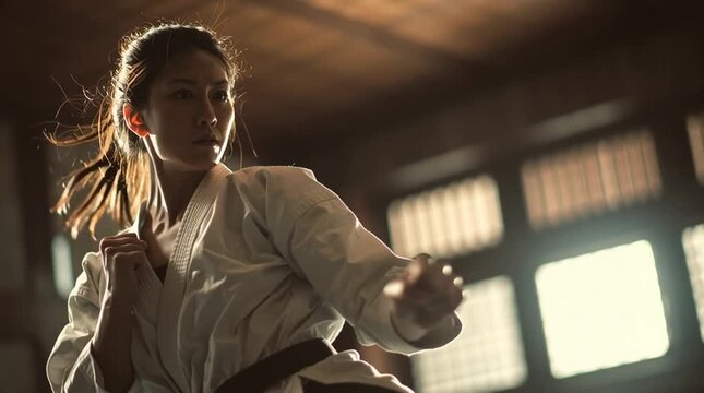 Focused asian woman in martial arts uniform performing a high kick in a dimly lit dojo