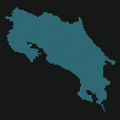 Obraz premium Costa Rica Light Blue Point Grid Map on Black for Cybersecurity and Digital Services. Map of Costa Rica dotted style.