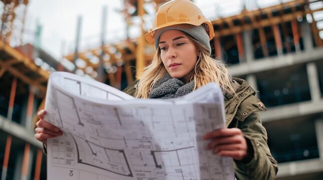 Female construction engineer or architect reviewing blueprints on site