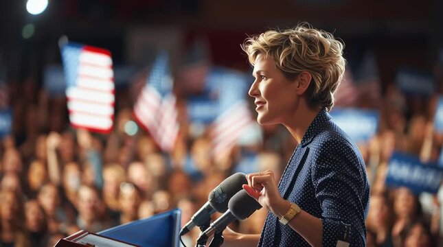 Female politician speaking at rally with american flags and supporters
