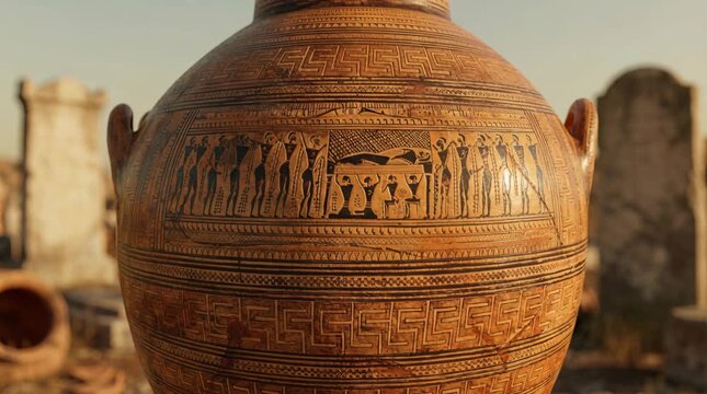 Cinematic recreation of a geometric Greek funerary amphora with ritual scene