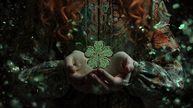 A person is holding a four-leaf clover, symbolizing luck and prosperity