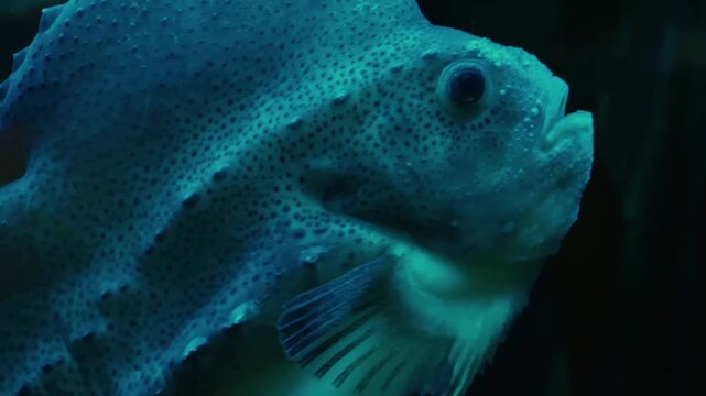 Close up of a lumpsucker fish or lumpfish also Cyclopteridae moving slowly around in the dark underwater
