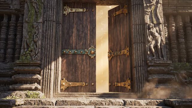 Ancient Stone Temple Entrance with Ornate Wooden Doors Revealing Bright Light and Dust Particles Sunlight Streams Through Open Doorway Creating a Mystical Atmosphere