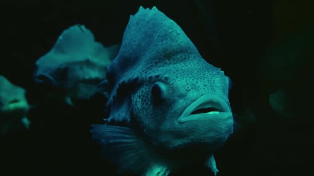Close up of a lumpsucker fish or lumpfish also Cyclopteridae moving slowly around in the dark underwater
