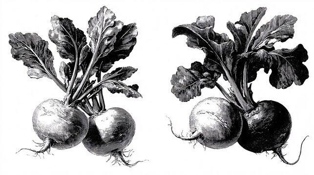 Black and white vintage engraving of two beetroot bundles with leaves