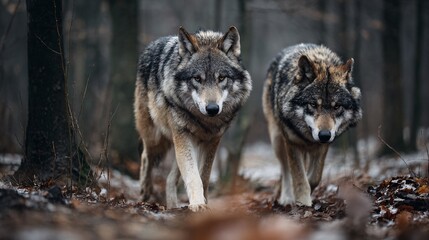 Obraz premium Two wild gray wolves walking together in a dark forest landscape