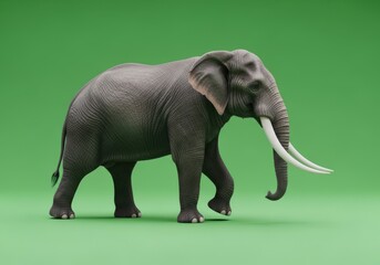 Obraz premium A gray elephant toy with long white tusks standing on green background