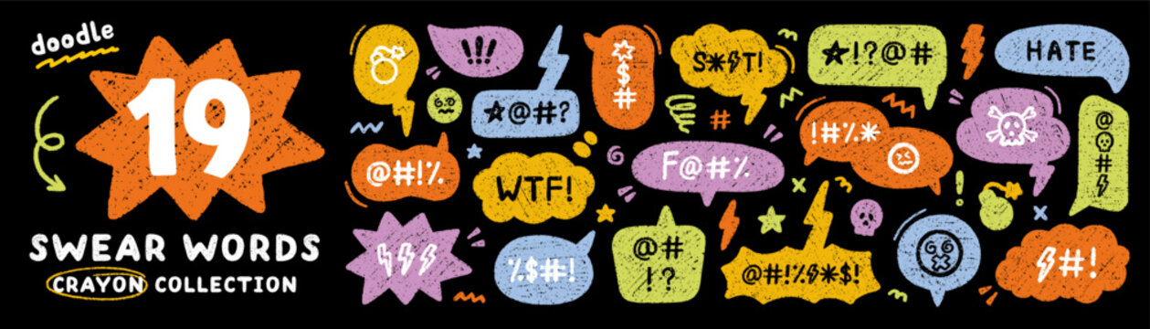 Comic crayon speech bubble with swear word and hate doodle. Hand drawn chalk grumpy text balloon with curse or insult in sketch style. Pencil rude profanity censorship in scribble talk cloud