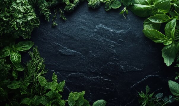 Artistic flat lay of fresh green herbs and vegetables arranged neatly on a dark slate surface, illuminated by soft directional light