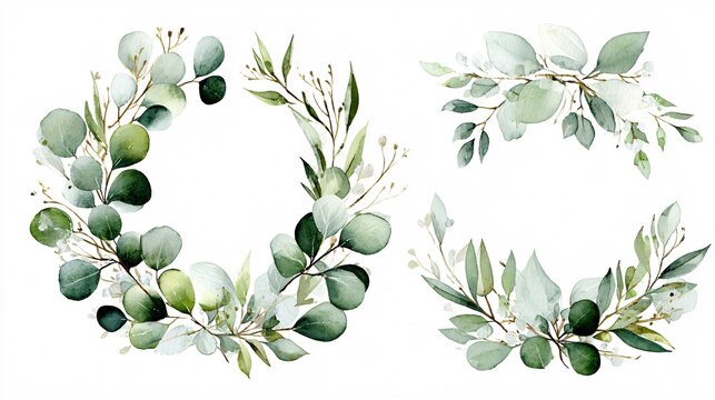 Elegant Green Eucalyptus and Olive Leaf Botanical Wreaths with White Background