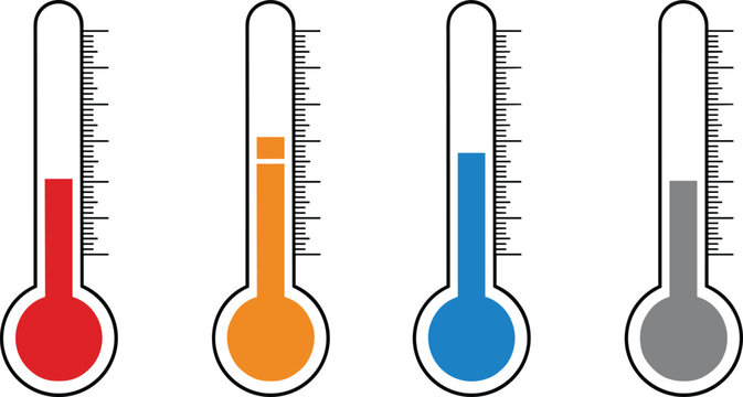 Colorful thermometers vector illustration, progress level design, temperature measurement icon, data visualization symbol, fundraising goal indicator graphic