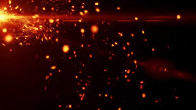 Abstract incandescent red-orange fire embers and glowing energy particles dynamically float and swirl in a deep black void with dramatic chiaroscuro lighting, intense abstract energy.