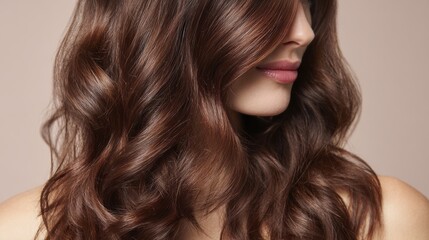 Fototapeta premium Elegant woman with long wavy brunette hair and soft pink lips on neutral background