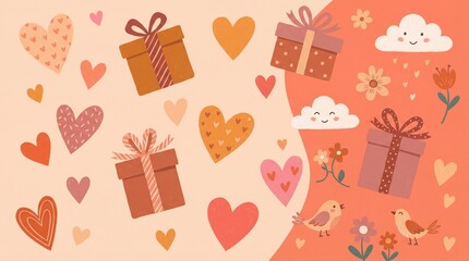 Whimsical Love-Themed Illustration with Floating Hearts and Gifts