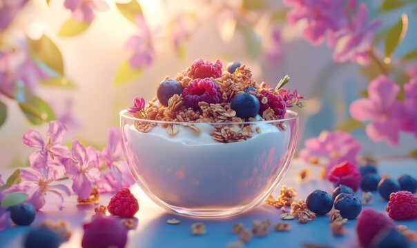 Bowl of creamy yogurt topped with fresh berries and granola, vibrant colors and soft natural light creating a healthy and appetizing breakfast setup