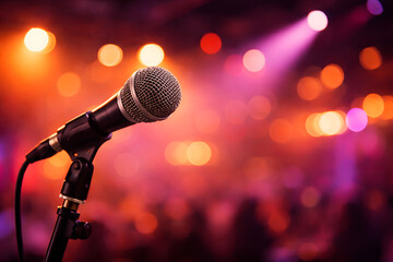 Obraz premium Stage microphone with vibrant pink and orange concert lights