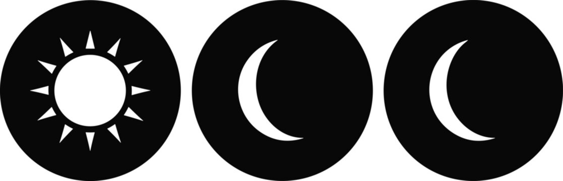 Sun and moon phase icons, daytime and nighttime symbols in circular design, lunar cycle illustration, modern black and white vector