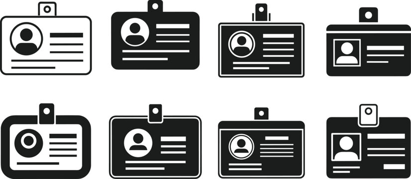 Identification badge icons collection, employee ID card symbols, personal identification vector illustration, security access design, workplace identity graphic