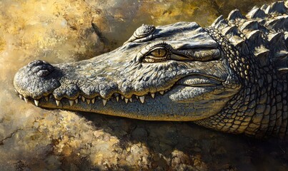 Fototapeta premium Close-up of a crocodile resting on a sunlit rock, its rough textured scales and sharp details capturing the raw beauty of wildlife