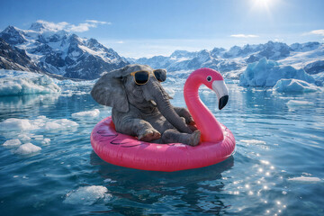 Surreal Elephant Relaxing On Flamingo Float In Arctic